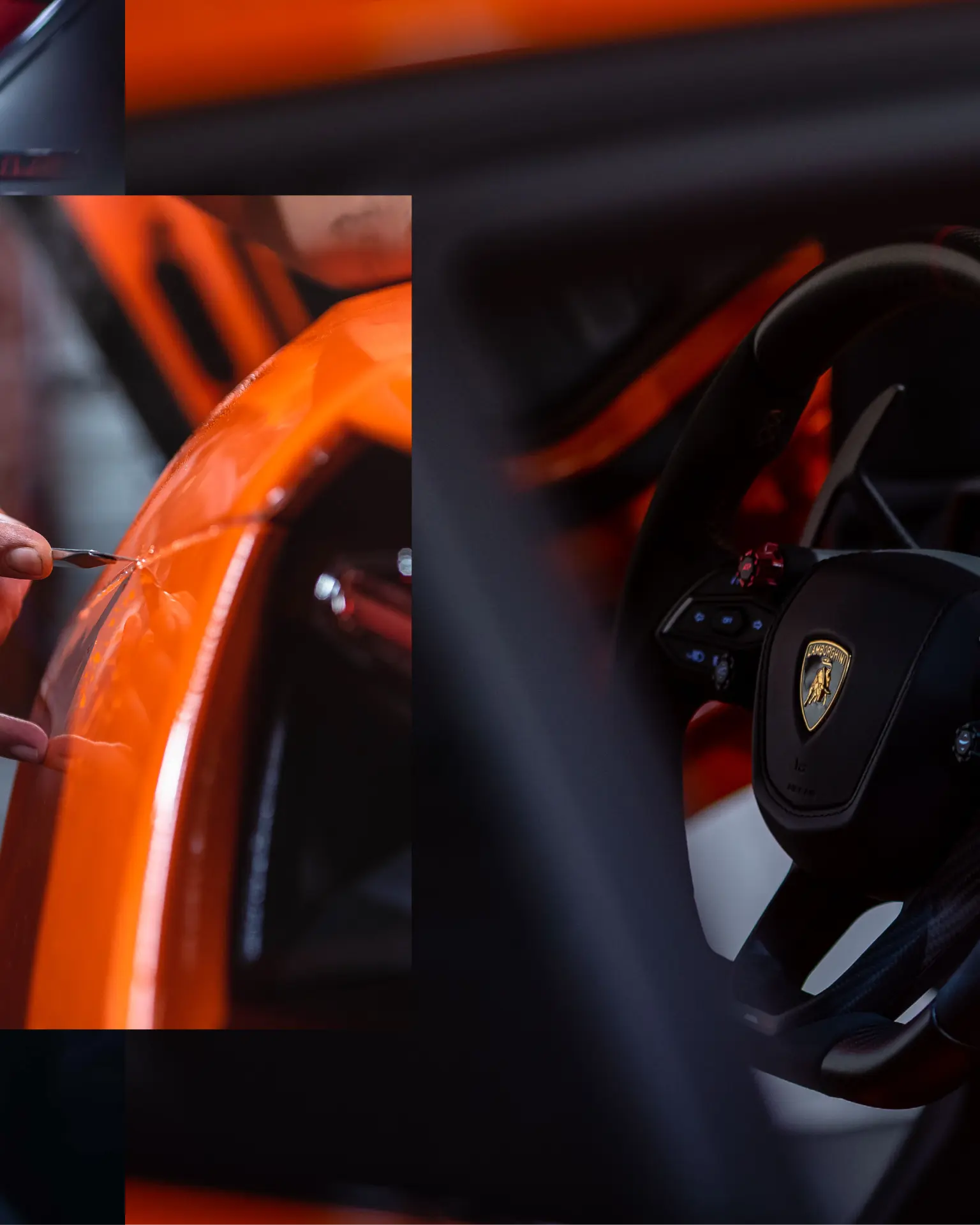 Slide du carrousel Revuelto — détail de découpe et volant Lamborghini