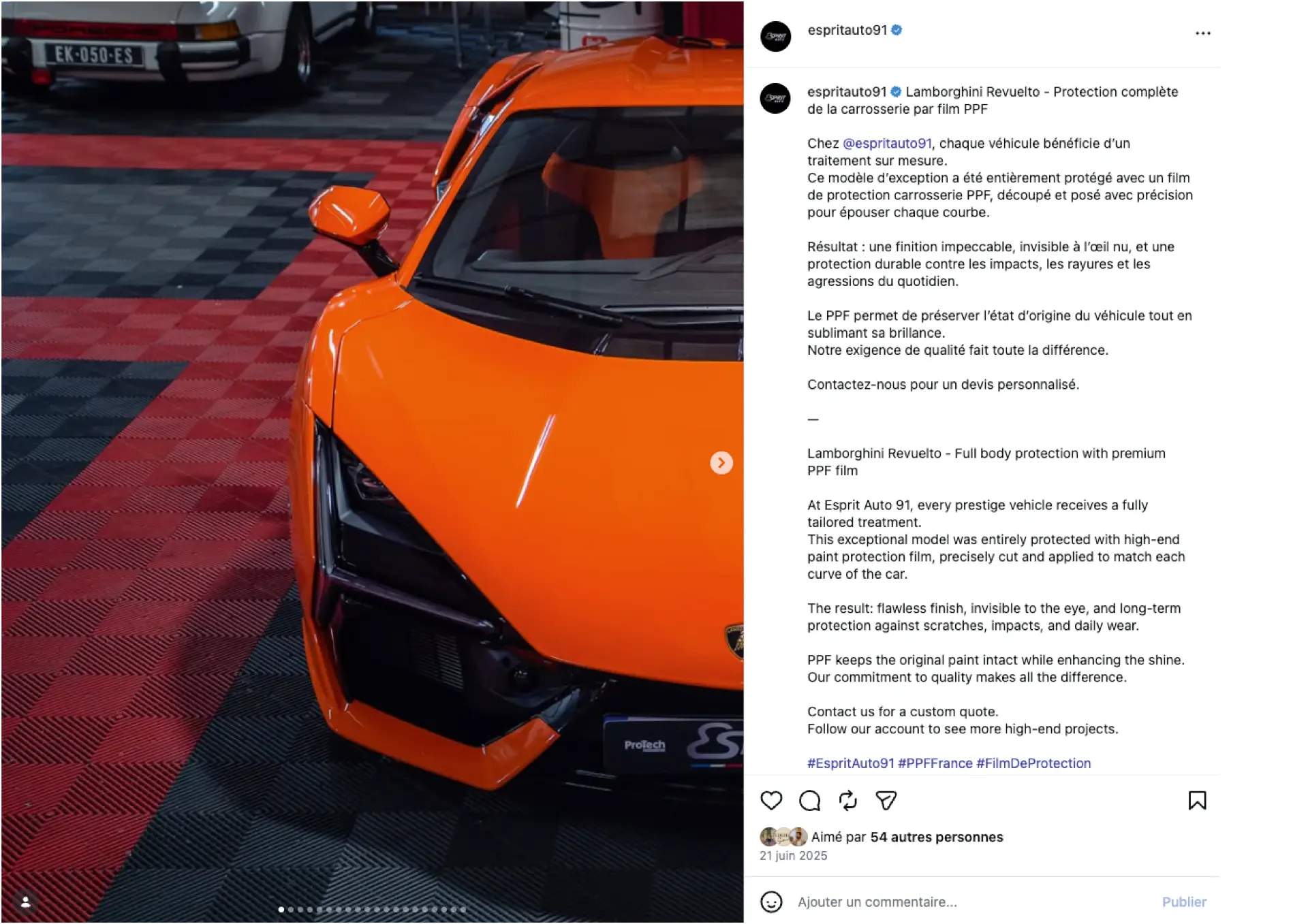 Publication Instagram Esprit Auto — Lamborghini Revuelto, protection complète par film PPF