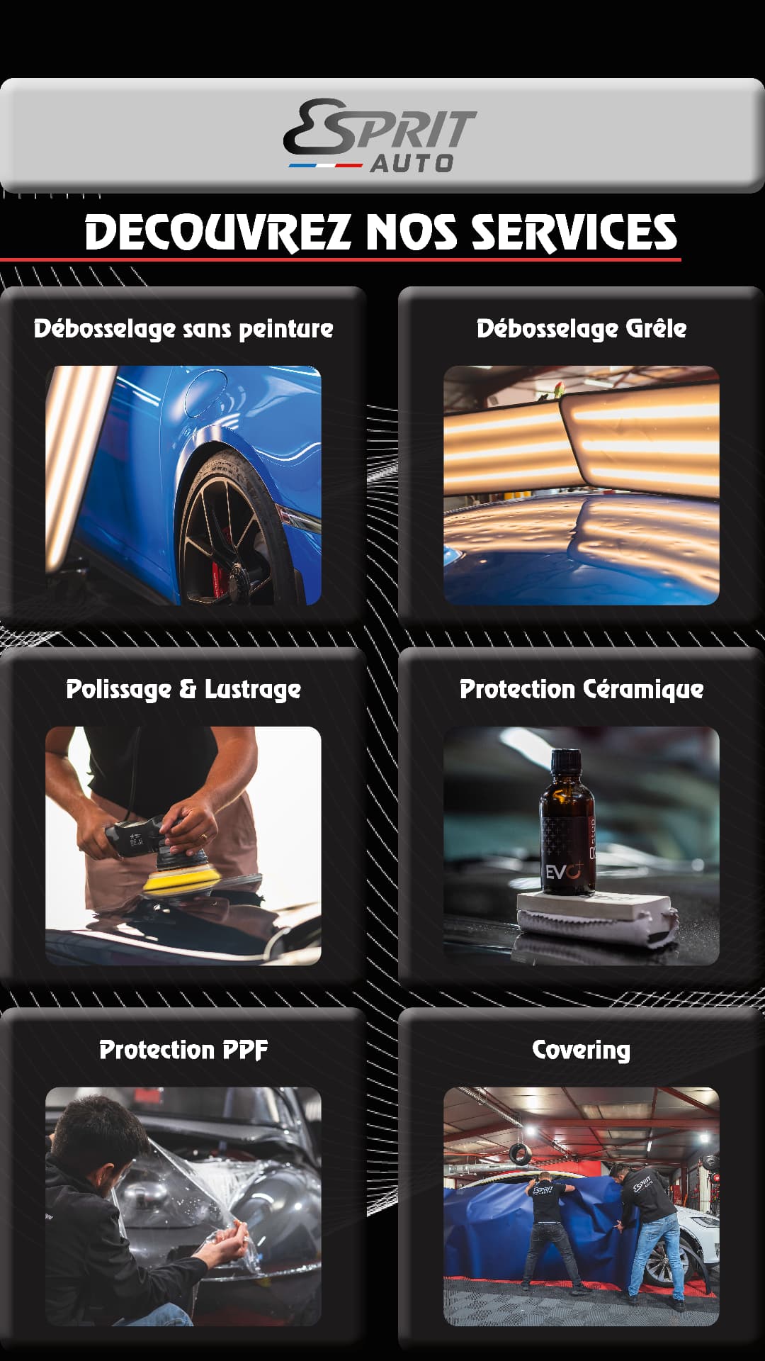 Fiche Instagram Esprit Auto — Découvrez nos services : débosselage sans peinture, débosselage grêle, polissage et lustrage, protection céramique, protection PPF, covering