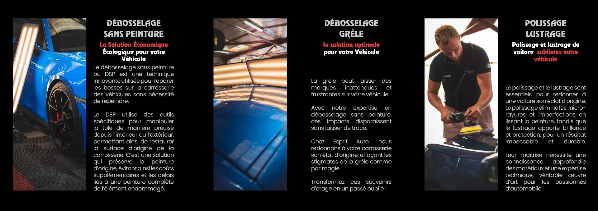 Planche du portfolio Esprit Auto — débosselage sans peinture, débosselage grêle, polissage et lustrage