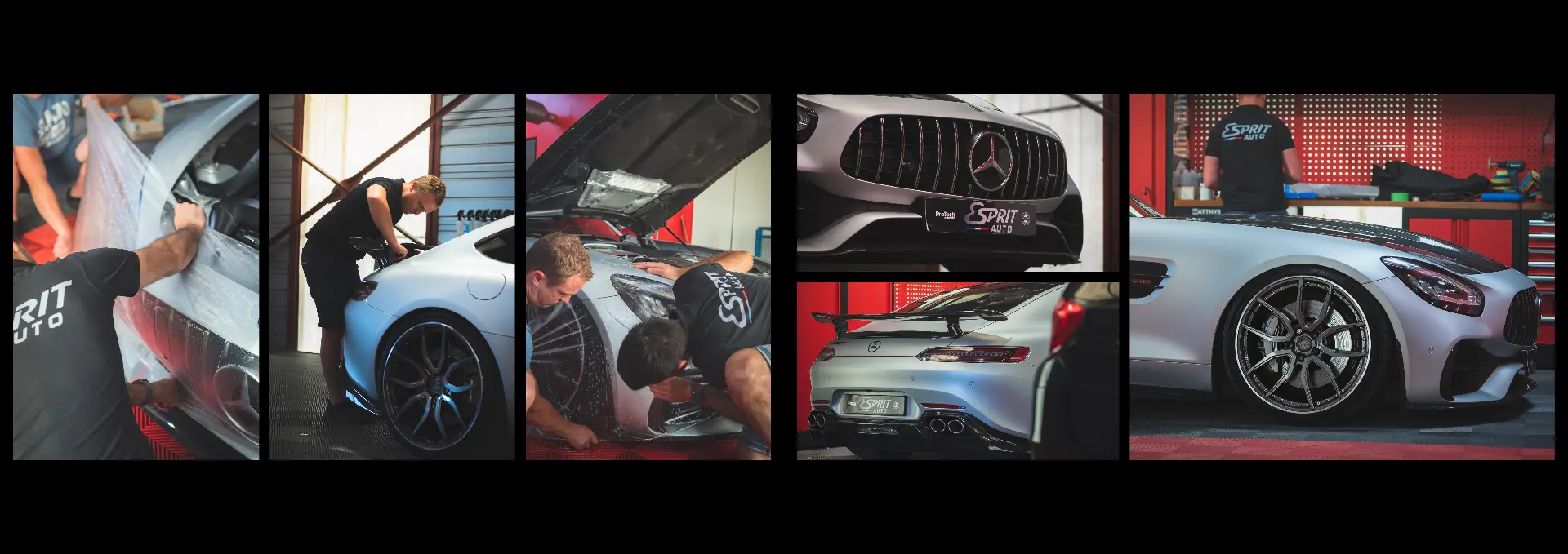 Planche du portfolio Esprit Auto — Mercedes-AMG GT R, pose de la protection PPF en atelier