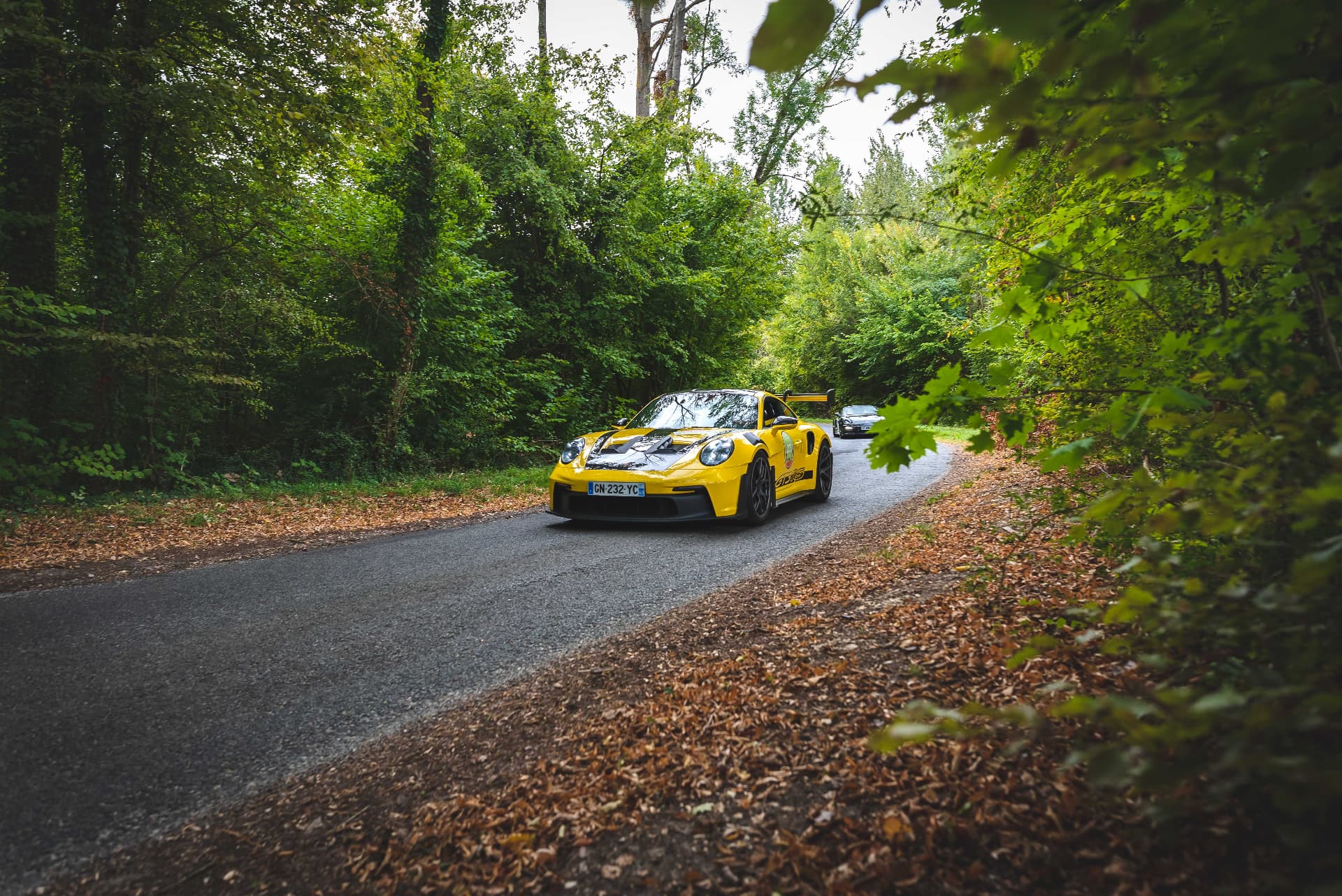 Porsche jaune sur une route forestière