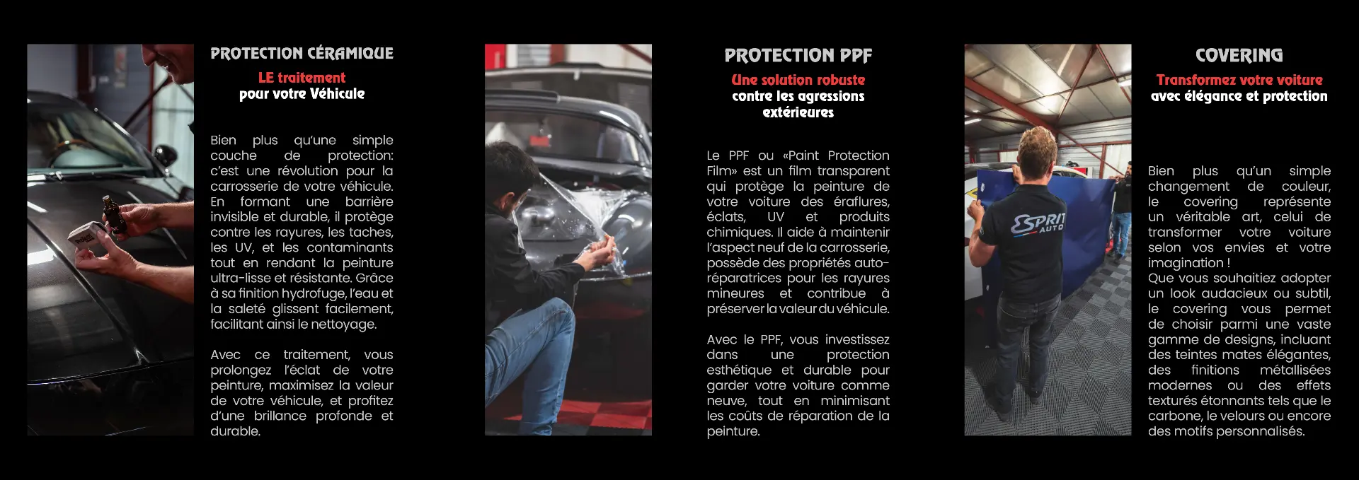 Planche du portfolio Esprit Auto — protection céramique, protection PPF et covering