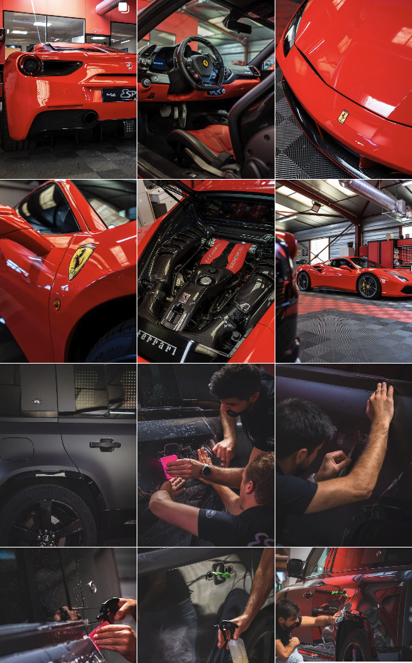 Grille Instagram Esprit Auto — séquence de publications autour d'une Ferrari rouge