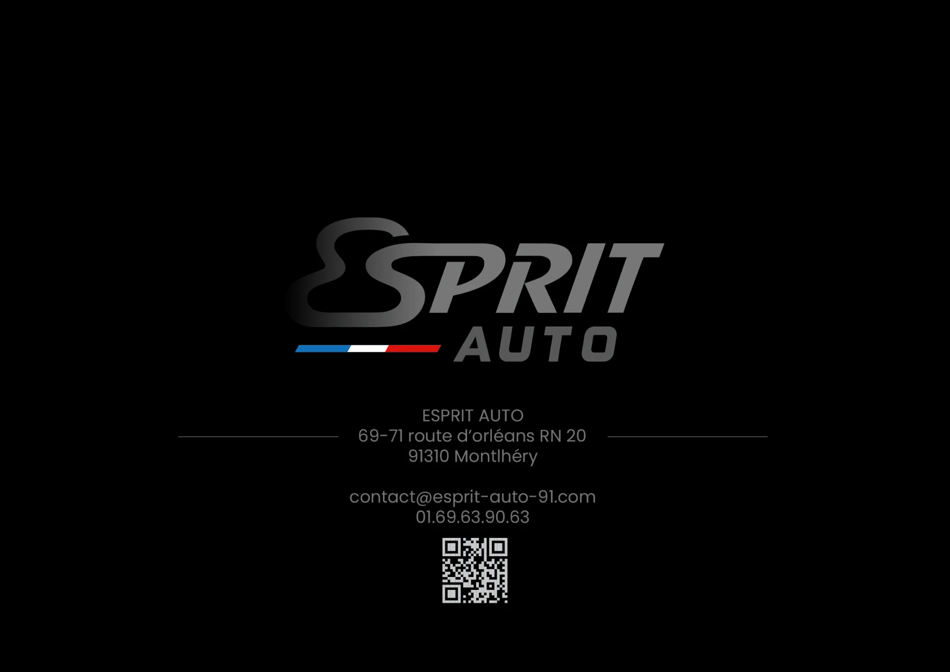 Dernière page du portfolio Esprit Auto — coordonnées de l'atelier à Montlhéry