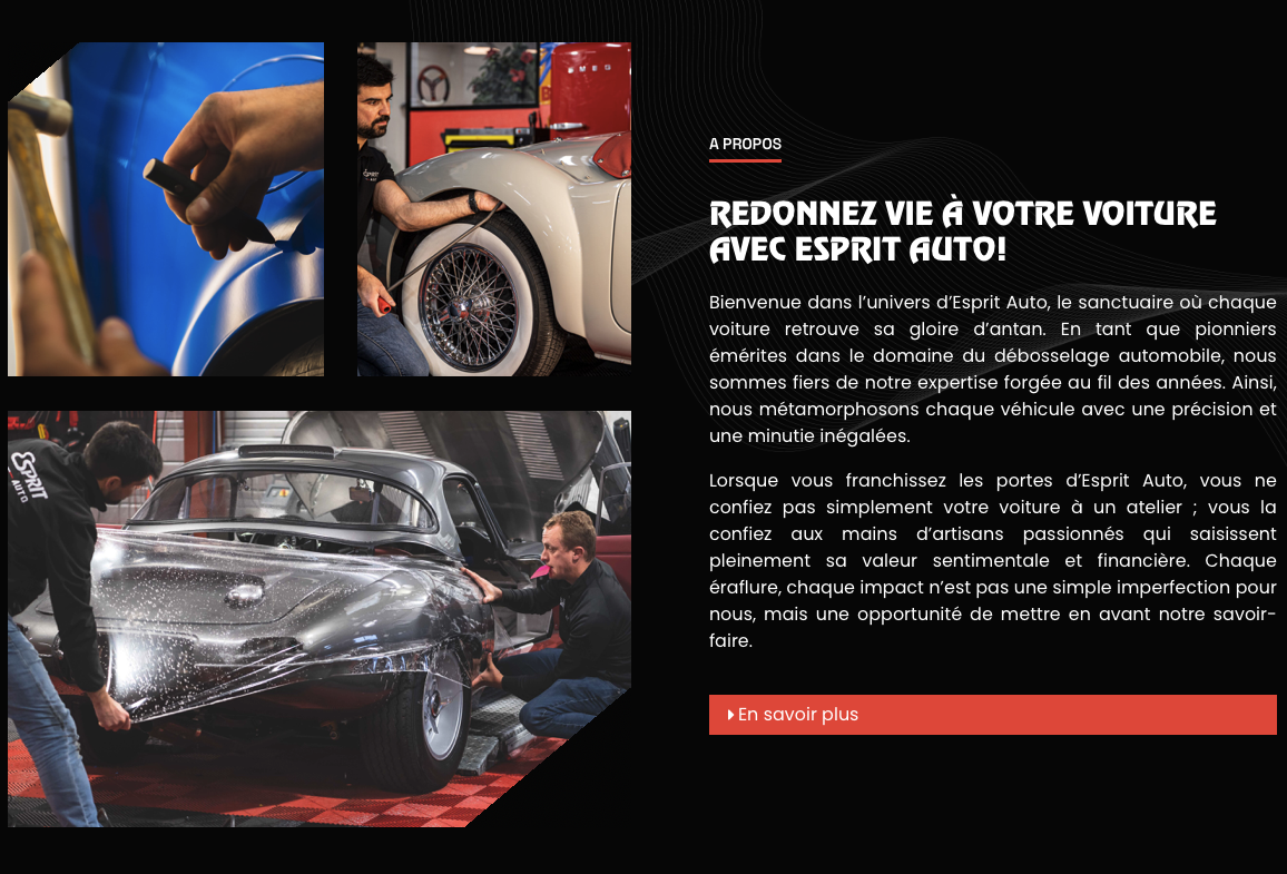Capture du site Esprit Auto — bloc « À propos », lignes blanches et composition en diagonale