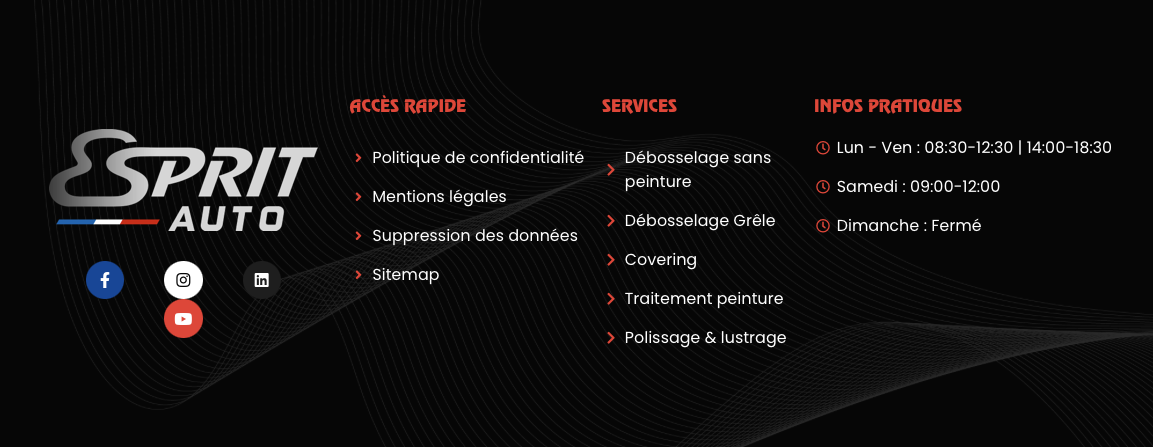 Capture du site Esprit Auto — pied de page, lignes blanches et accents rouges
