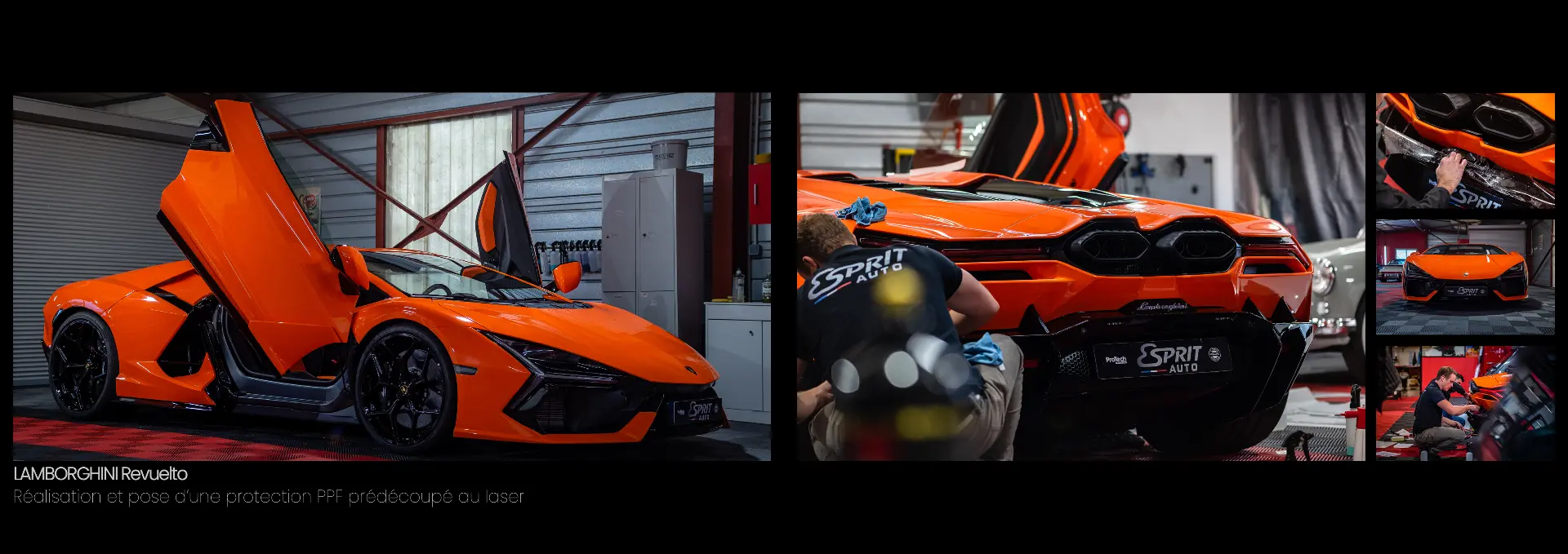 Planche du portfolio Esprit Auto — Lamborghini Revuelto, pose d'une protection PPF prédécoupée au laser