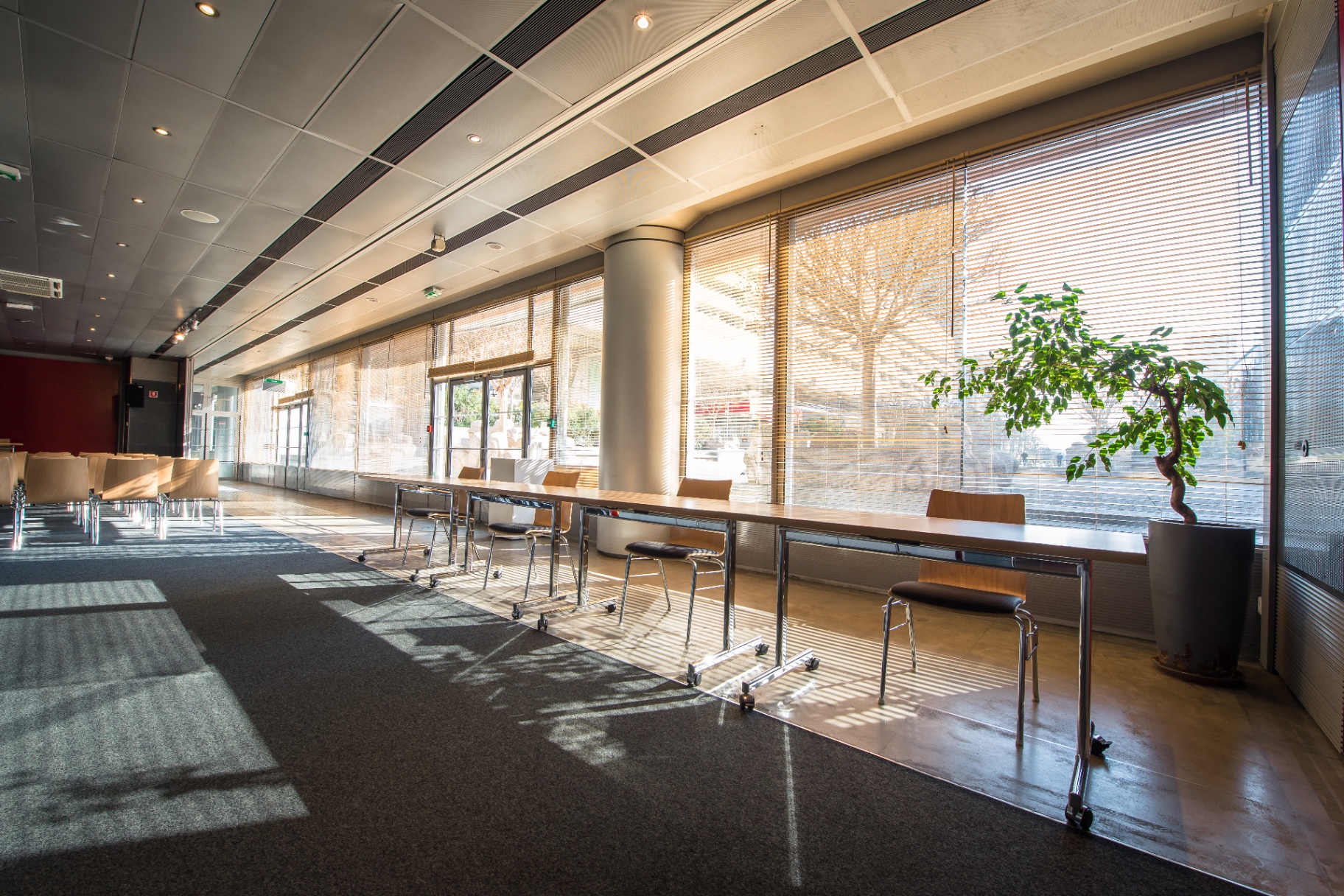 Salle traversée par la lumière, contre-jour et ombres portées sur la moquette
