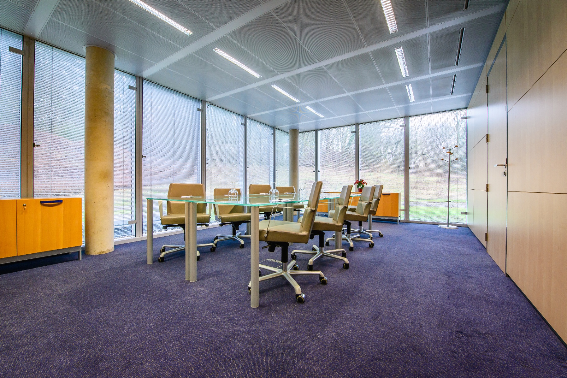 Salle Luxembourg — table en verre, moquette bleue, lumière diffuse derrière les stores