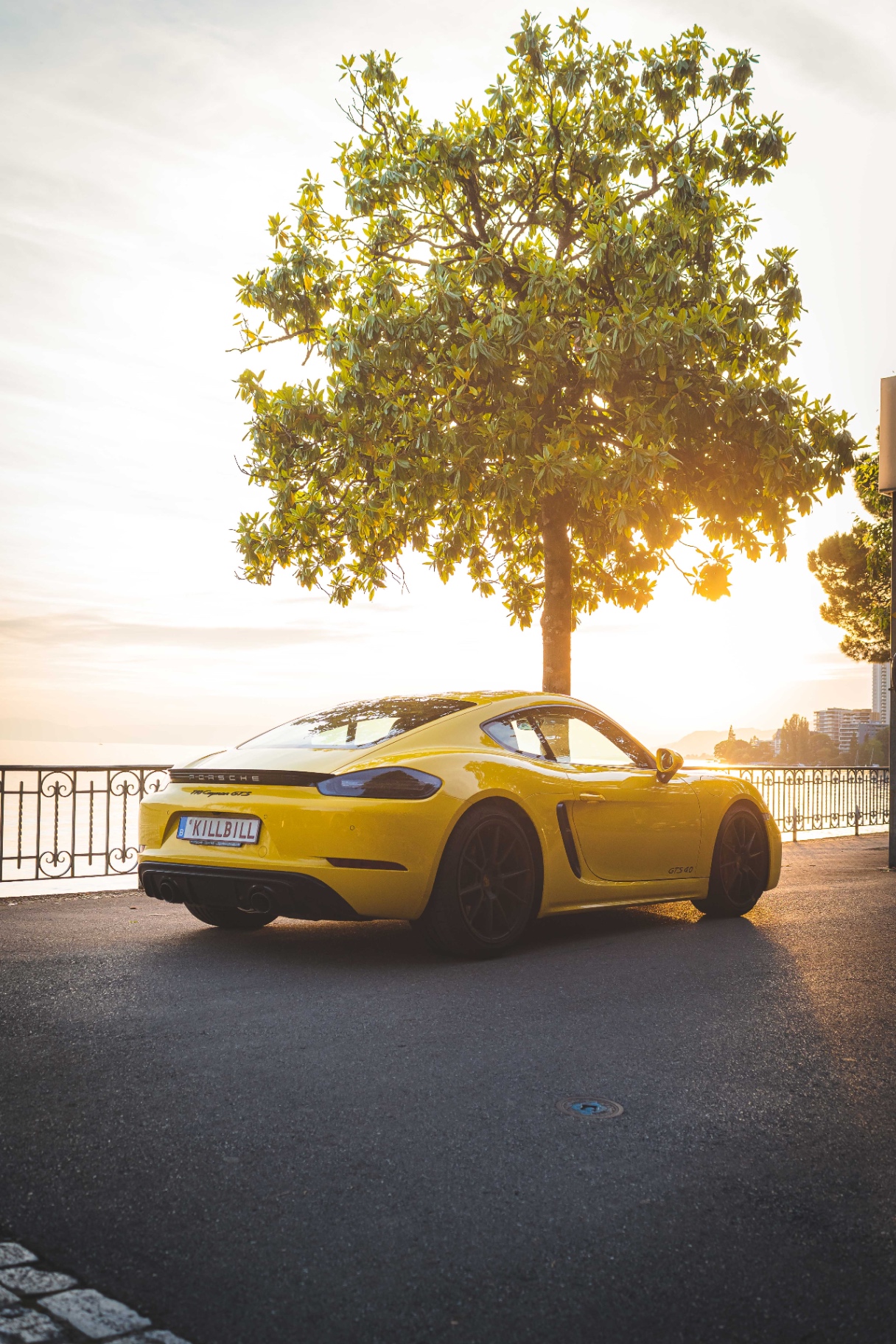 Porsche 718 Cayman GTS jaune sous un arbre au coucher du soleil à Montreux
